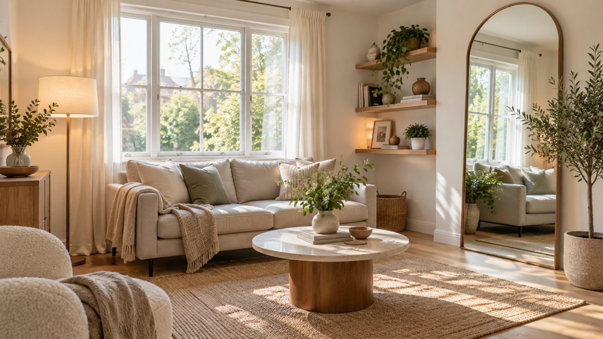 Petit salon lumineux aménagé avec des meubles compacts et des rangements astucieux