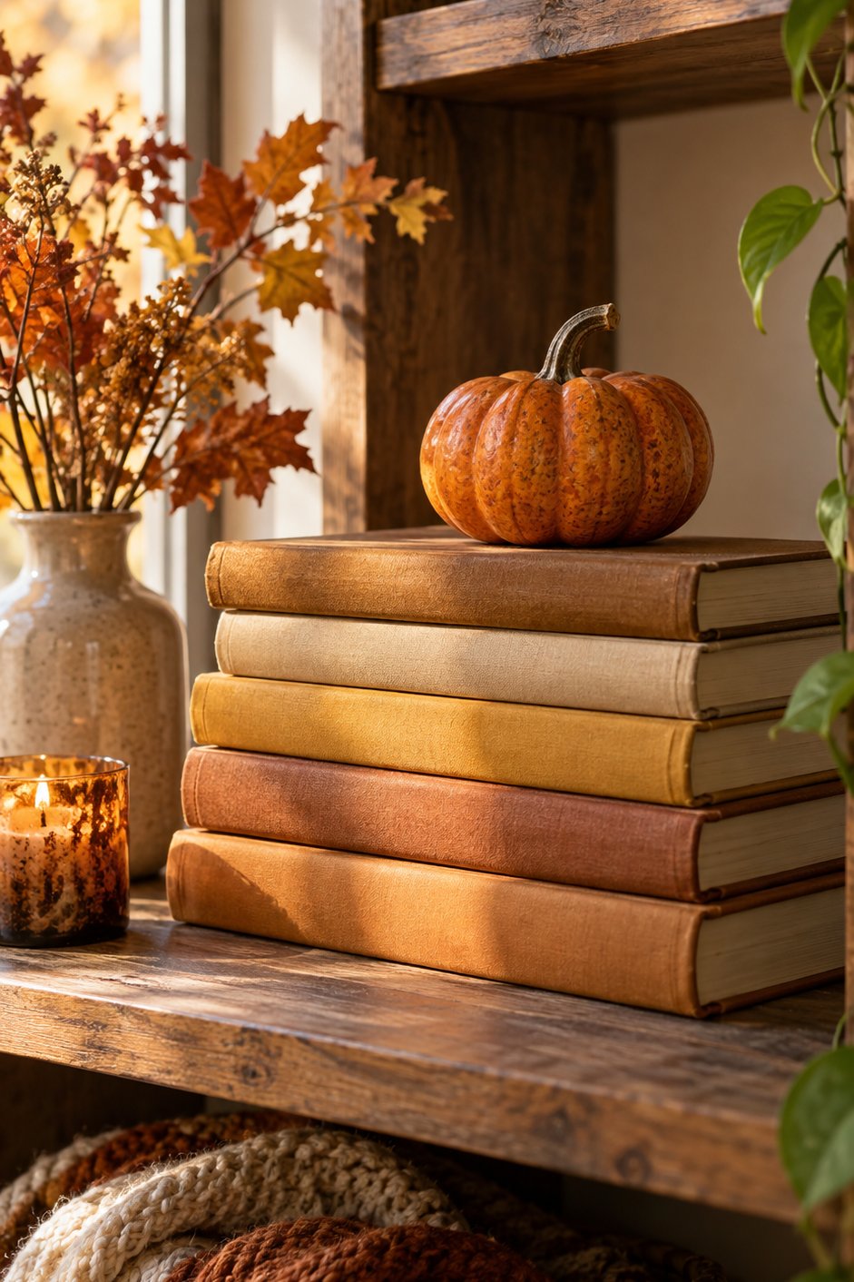 Pile de livres aux reliures chaudes avec une petite courge