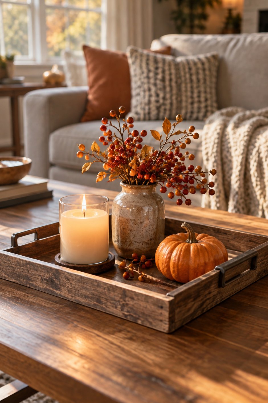 Plateau décoratif d'automne composé sur une table basse