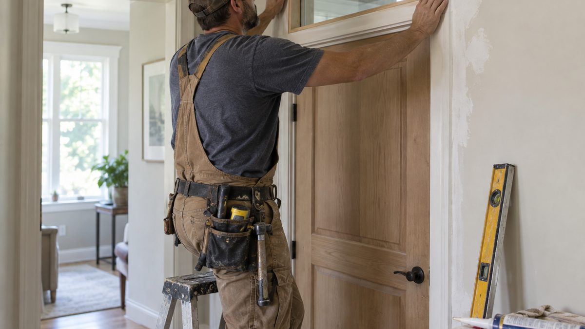 Pose d'une imposte vitrée en rénovation Artisan installant une imposte vitrée au-dessus d'une porte existante lors d'une rénovation