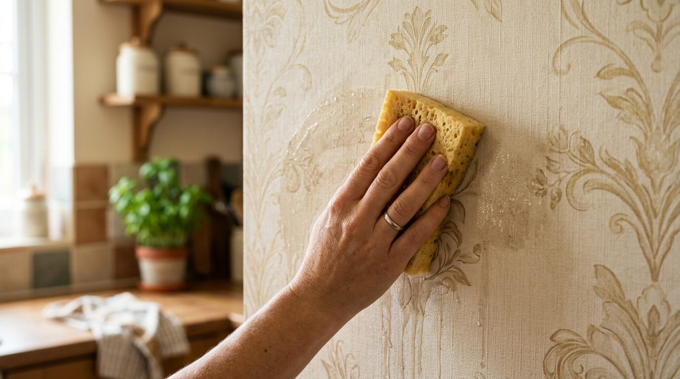 Nettoyage d'un papier peint lessivable en cuisine Entretien d'un papier peint lessivable de cuisine avec une éponge humide
