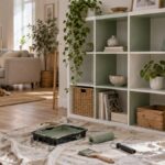 Étagère blanche en cours de relooking peinture vert sauge dans un salon lumineux
