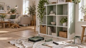 Étagère blanche en cours de relooking peinture vert sauge dans un salon lumineux