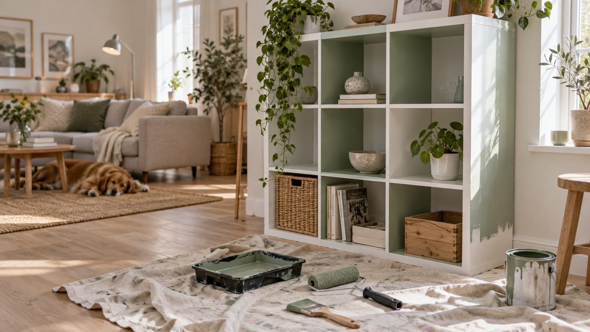 Étagère blanche en cours de relooking peinture vert sauge dans un salon lumineux