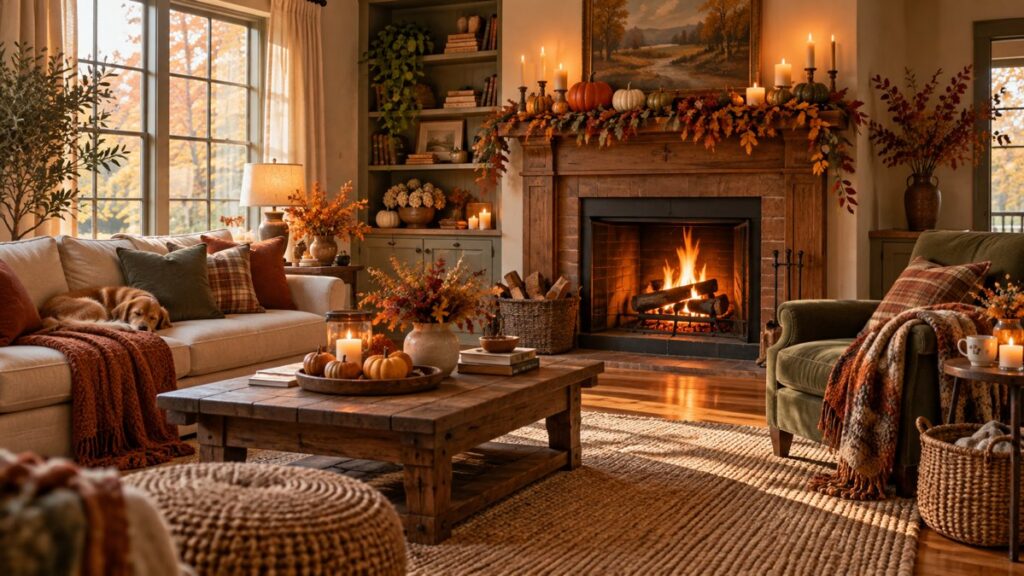 Salon décoré pour l'automne avec cheminée Salon cosy décoré pour l'automne avec cheminée allumée et courges sur le manteau