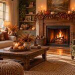 Salon cosy décoré pour l'automne avec cheminée allumée et courges sur le manteau