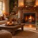 Salon cosy décoré pour l'automne avec cheminée allumée et courges sur le manteau