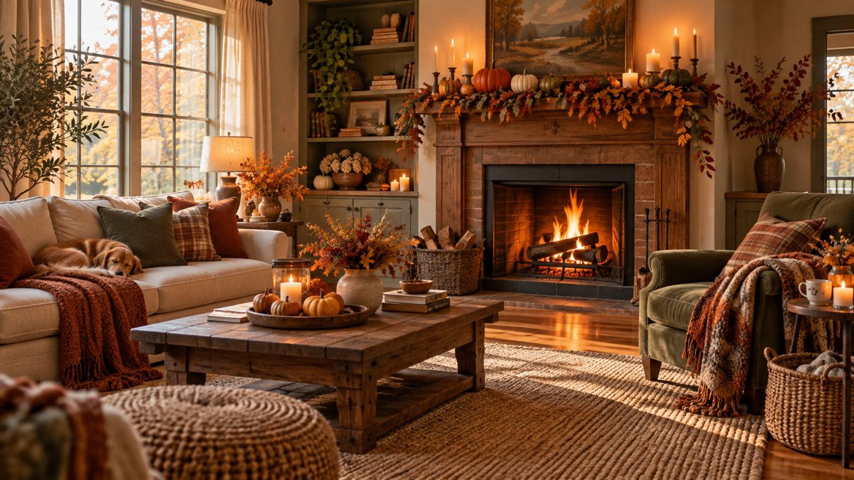 Salon cosy décoré pour l'automne avec cheminée allumée et courges sur le manteau