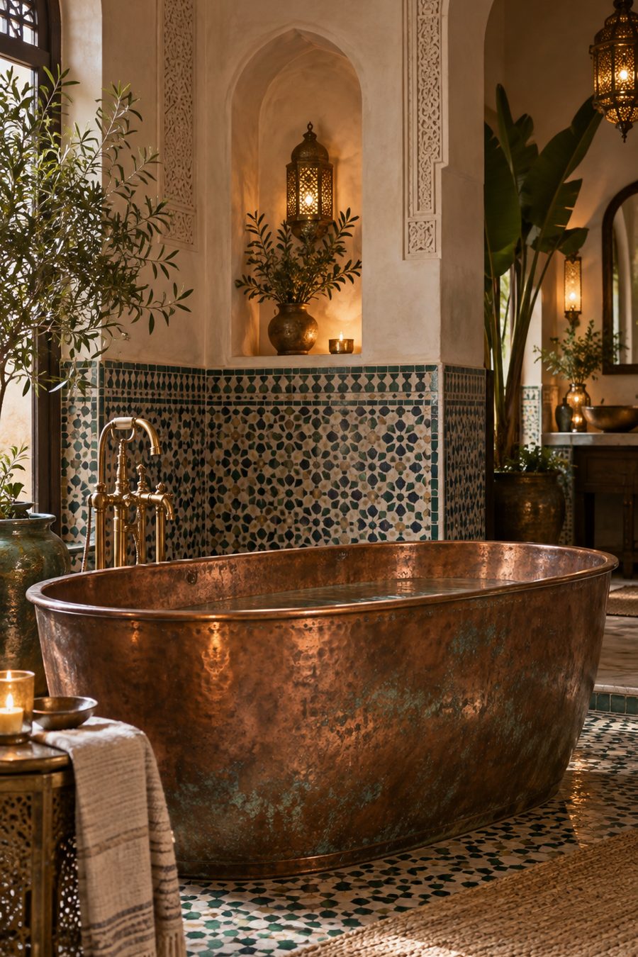 Baignoire îlot en cuivre Baignoire îlot ovale en cuivre patiné dans un décor marocain