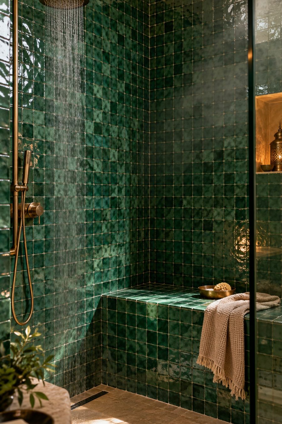 Banquette carrelée hammam Banquette carrelée en zellige vert émeraude dans un coin douche hammam