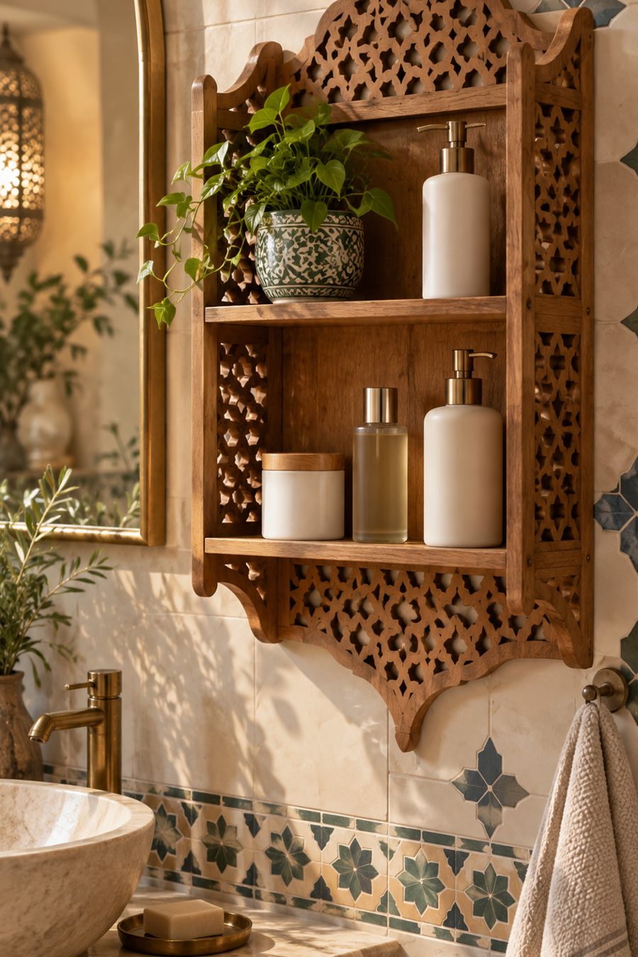 Étagère bois ajouré orientale Étagère murale en bois ajouré aux motifs orientaux
