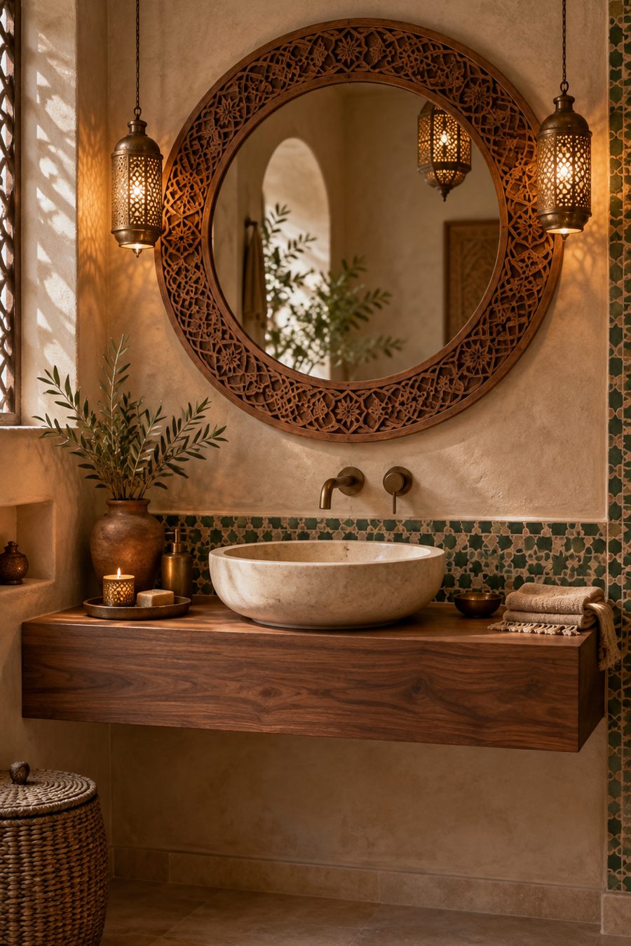 Miroir bois ciselé meuble suspendu Miroir en bois ciselé au-dessus d'un meuble de salle de bain suspendu