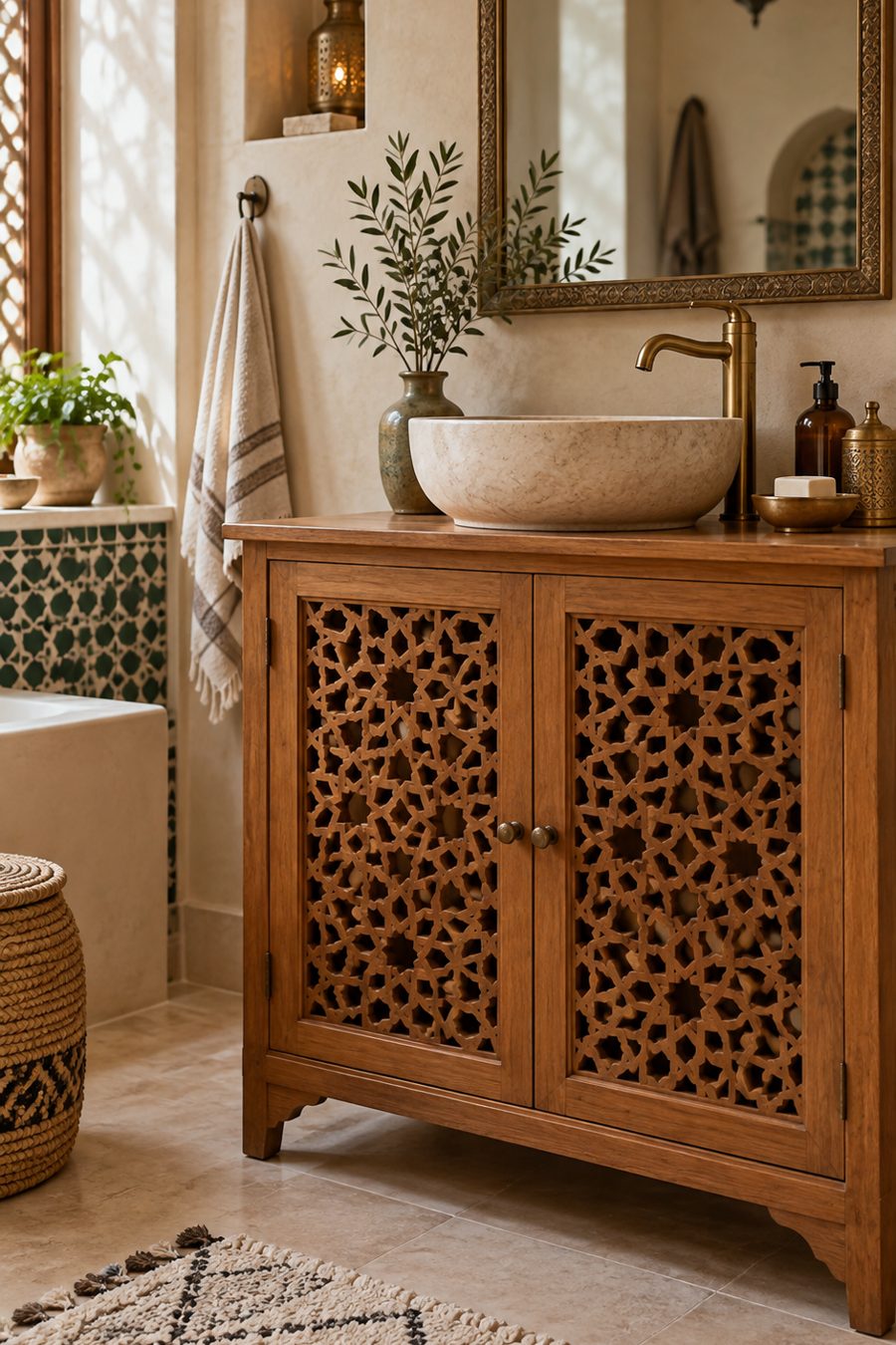 Panneau moucharabieh salle de bain Meuble de salle de bain avec panneau moucharabieh en bois ajouré