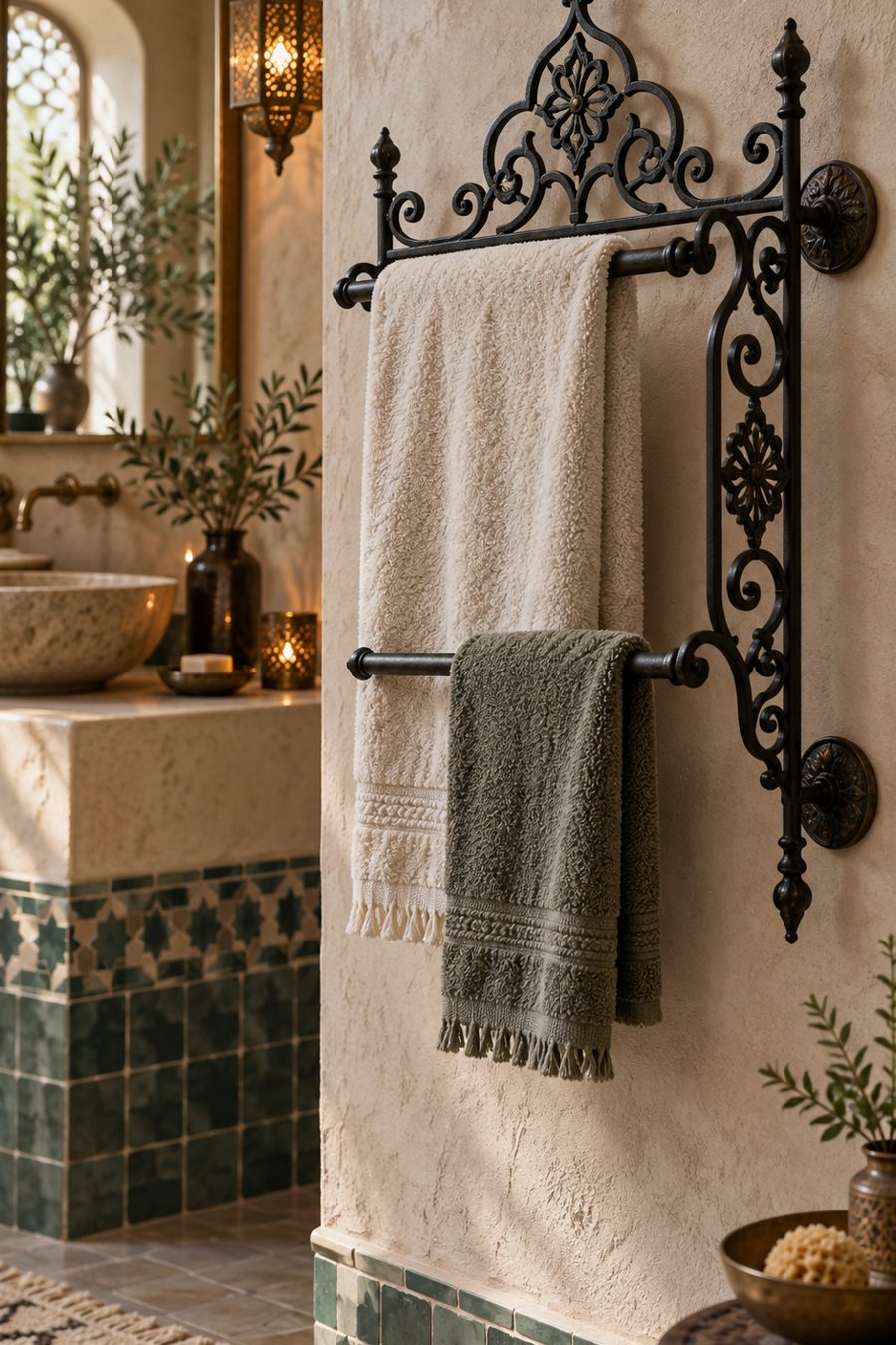 Porte-serviettes fer forgé Porte-serviettes en fer forgé noir mat au décor travaillé