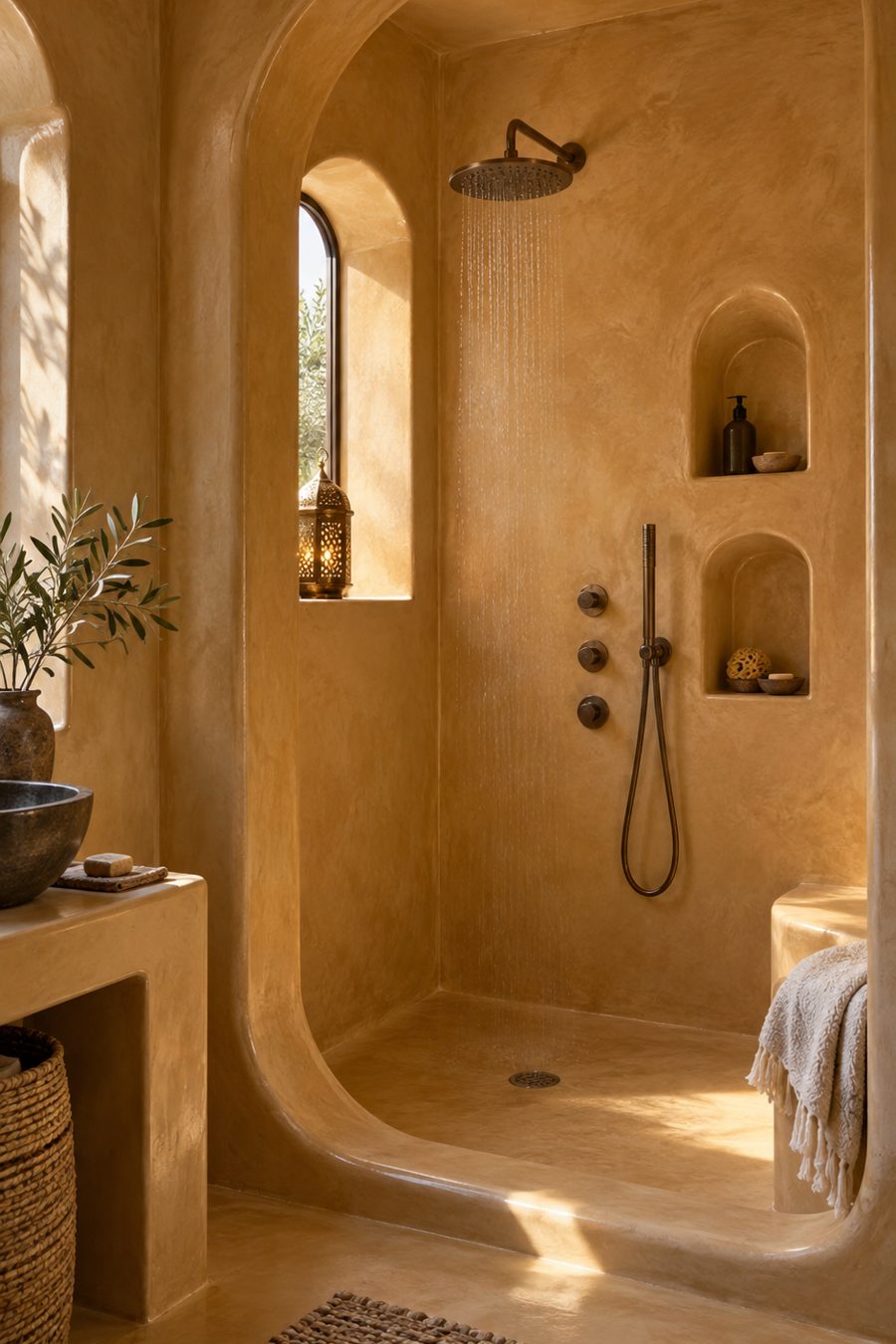 Mur tadelakt ocre douche Mur en tadelakt ocre lissé autour d'une douche