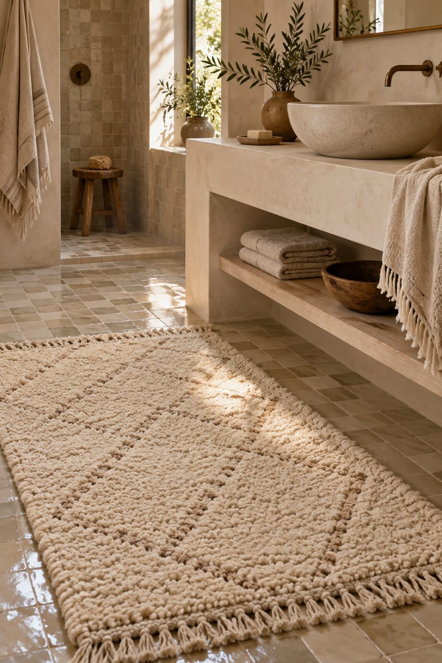 Tapis berbère salle de bain Tapis berbère posé devant une vasque sur sol en zellige