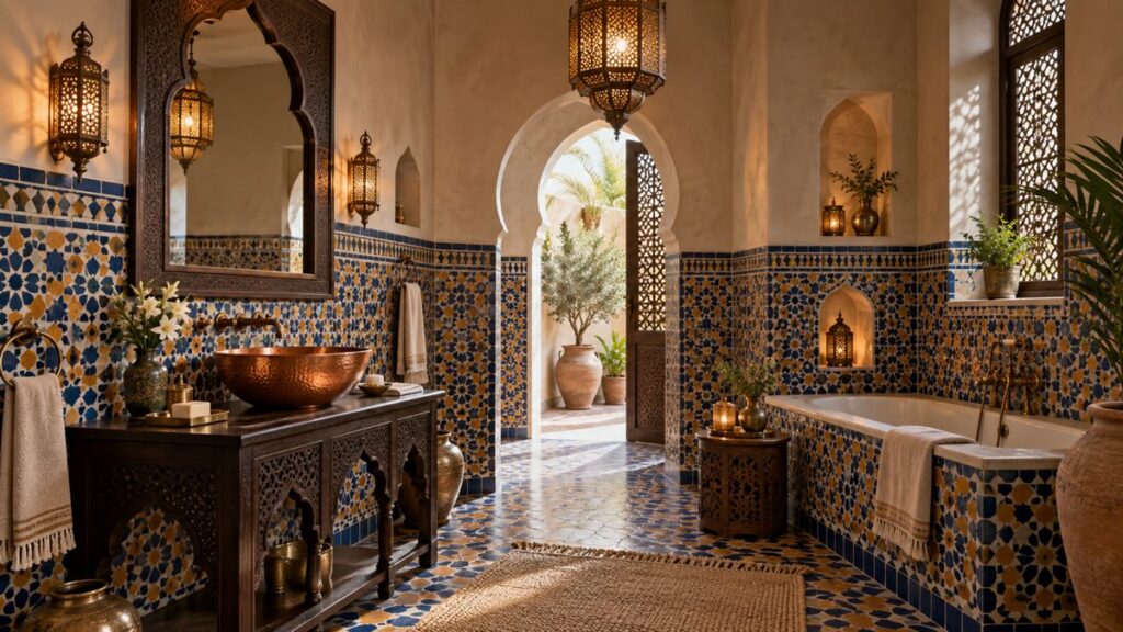 Salle de bain marocaine esprit riad Vue d'ensemble d'une salle de bain marocaine avec zellige, cuivre et lanterne
