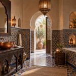 Salle de bain marocaine esprit riad Vue d'ensemble d'une salle de bain marocaine avec zellige, cuivre et lanterne