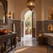 Vue d'ensemble d'une salle de bain marocaine avec zellige, cuivre et lanterne