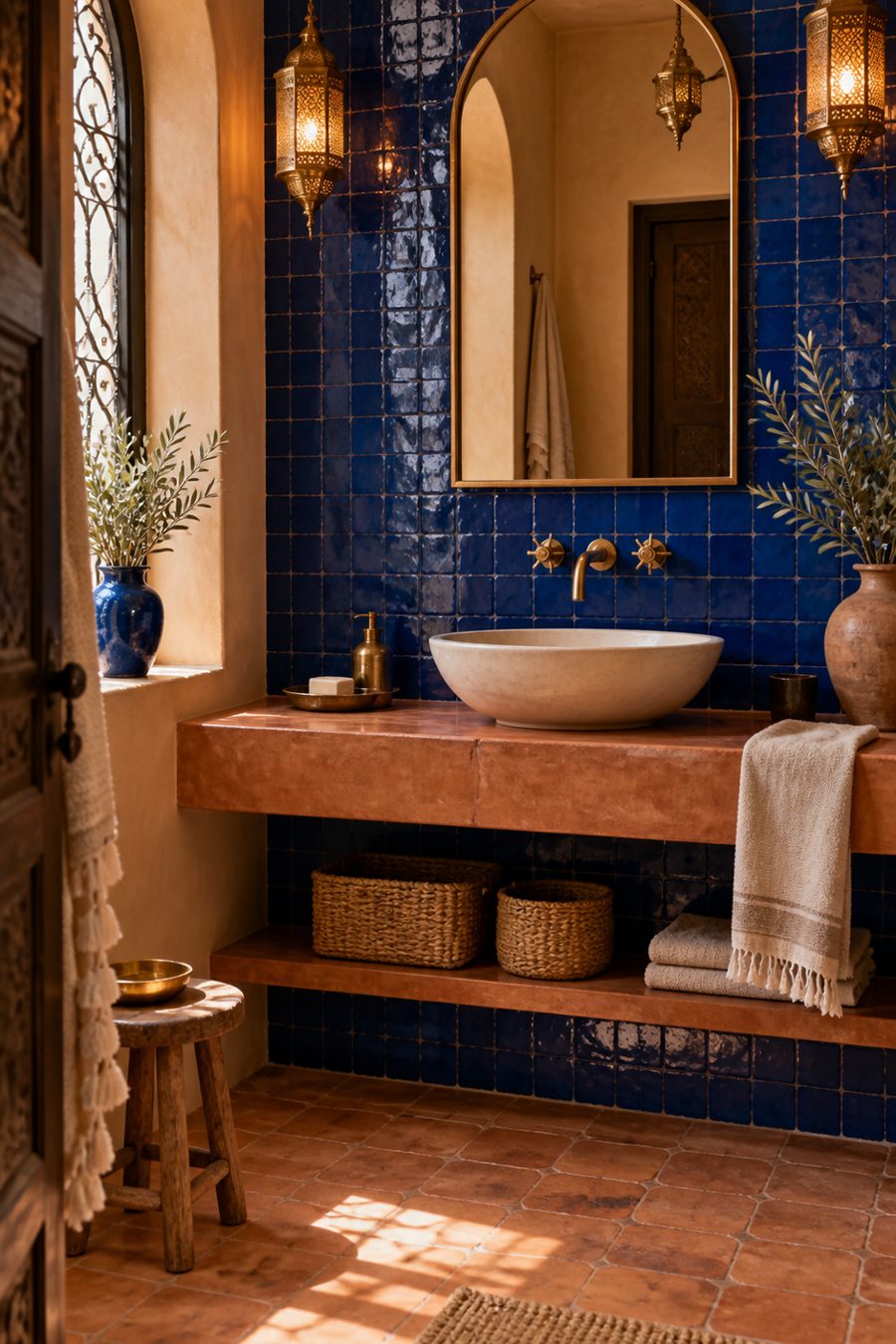 Mur zellige bleu Majorelle Mur en zellige bleu Majorelle derrière une vasque de salle de bain