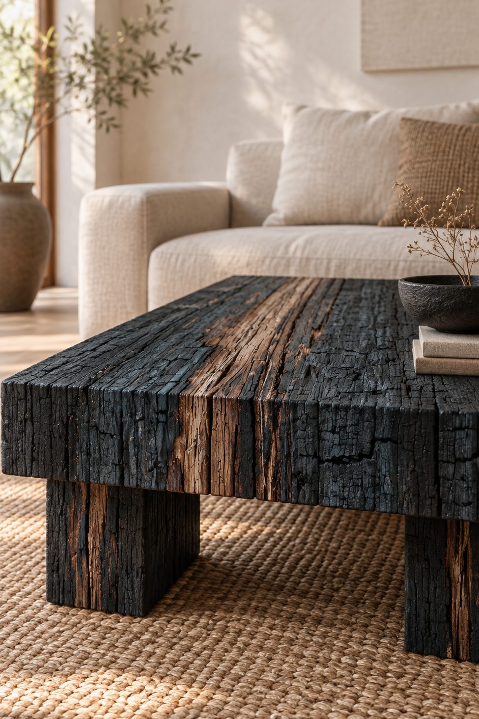 table basse en bois brûlé noir façon shou sugi ban