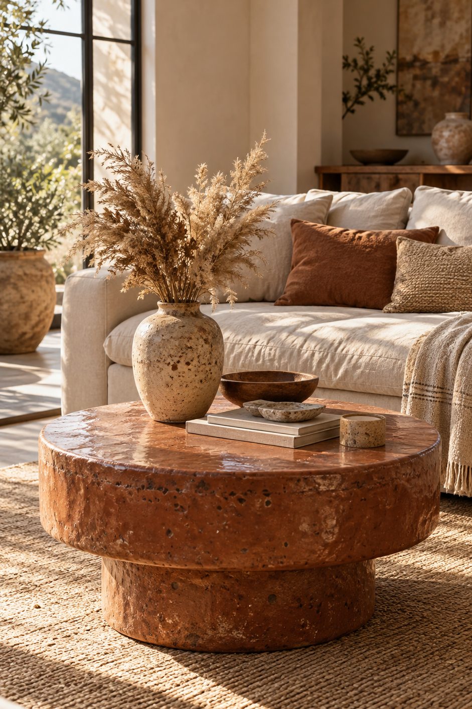 table basse ronde en céramique texturée glaçure terracotta