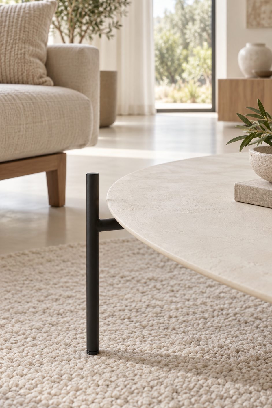 table basse ovale aux courbes organiques dans un salon lumineux