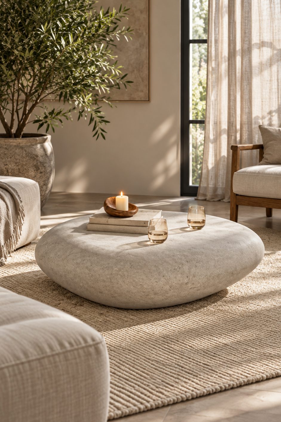 table basse effet galet sculpté en pierre claire arrondie