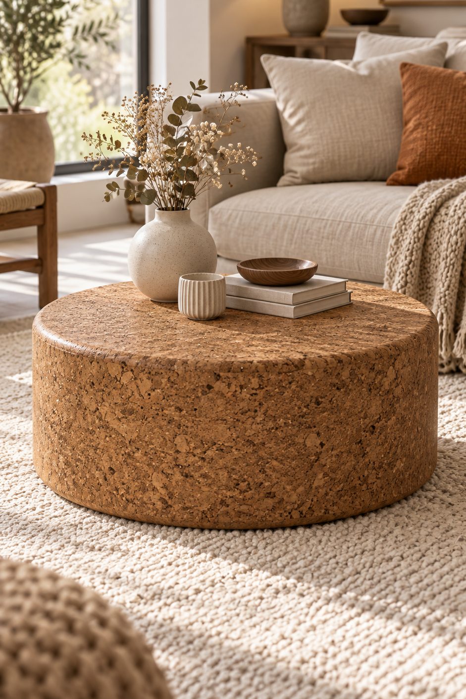 table basse ronde en liège naturel à texture organique