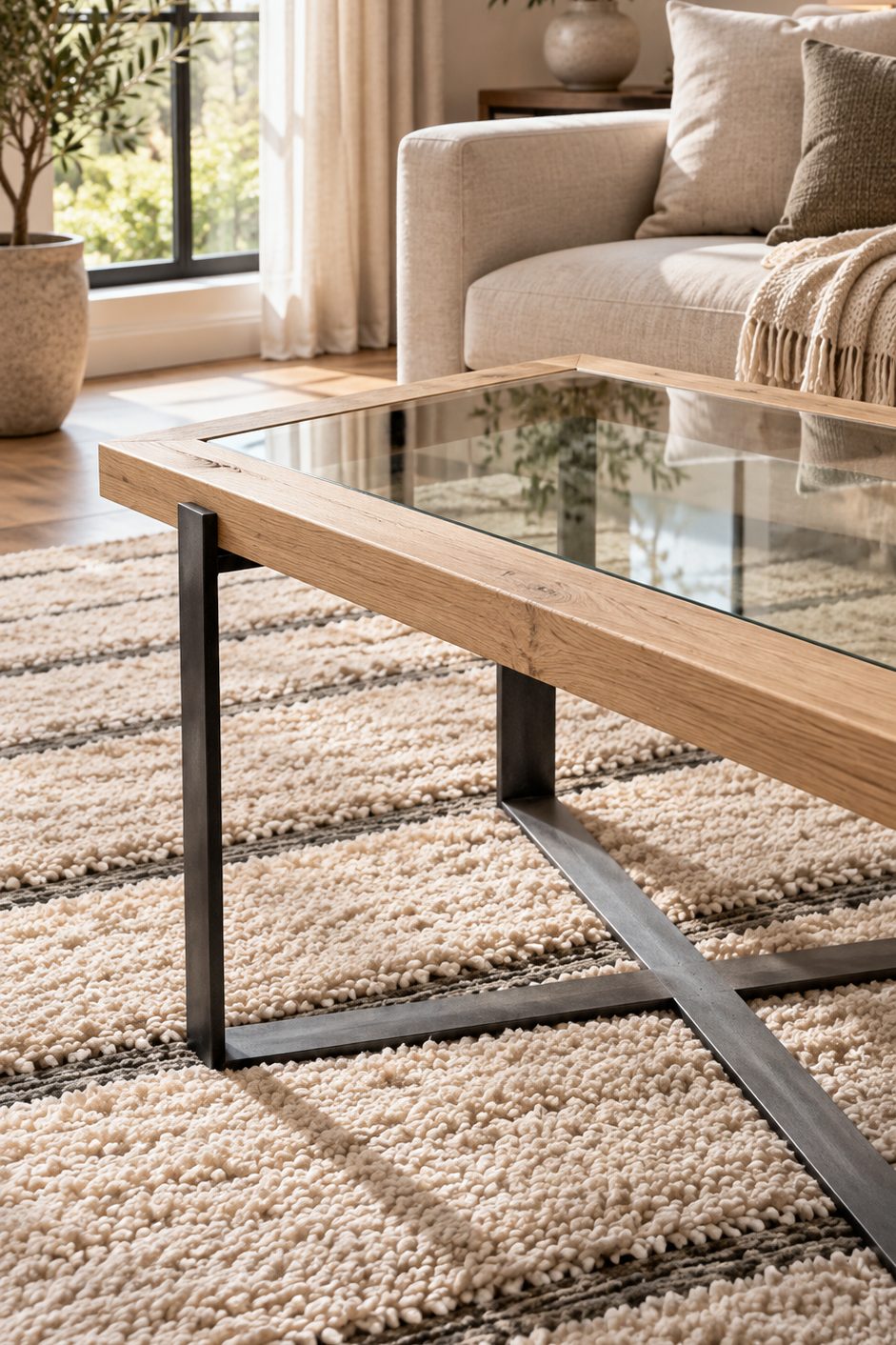 table basse mêlant bois clair métal noir et verre