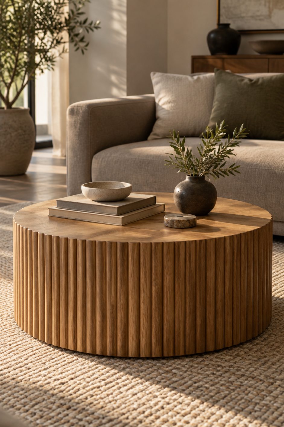 table basse ronde au plateau en bois strié cannelé