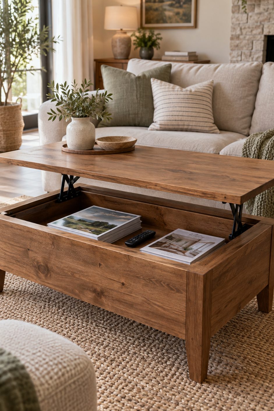 table basse avec rangement caché sous un plateau relevable