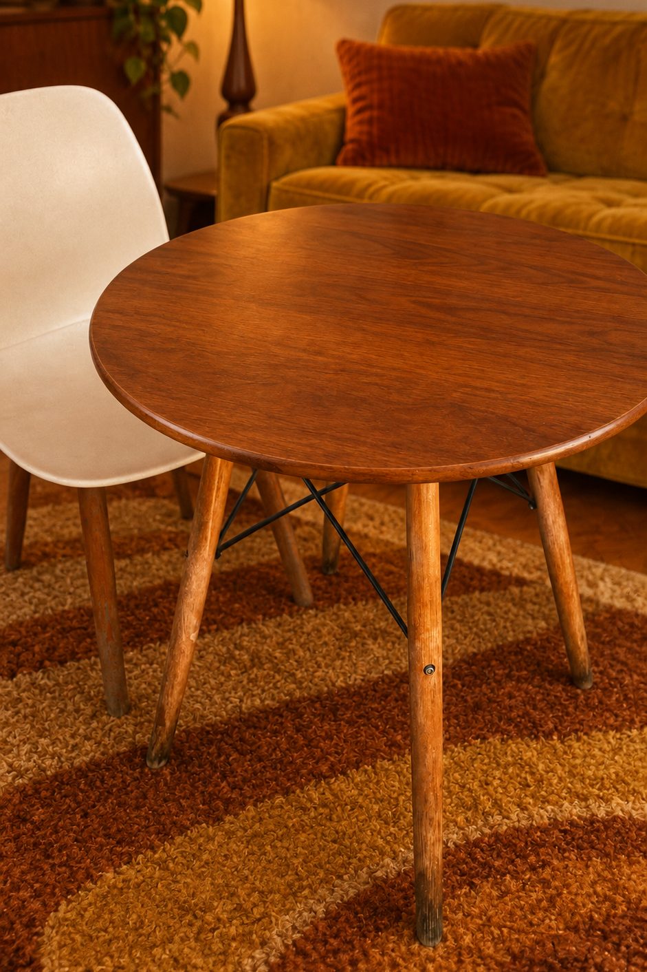 table basse rétro années 70 pieds arrondis et plateau biseauté
