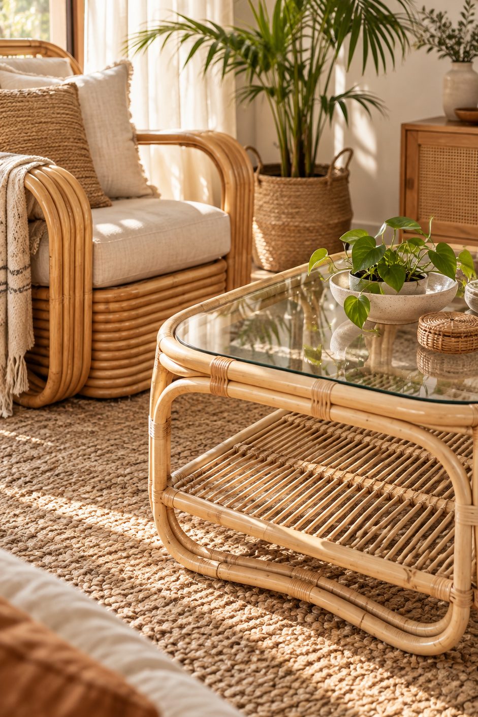 table basse ronde en rotin tressé et plateau verre