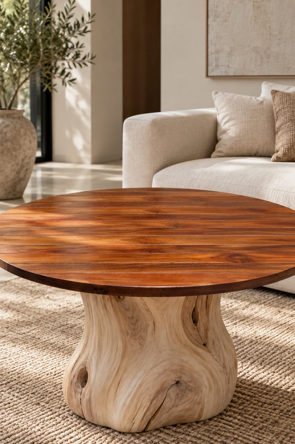table basse asymétrique sculptée à la main en bois massif