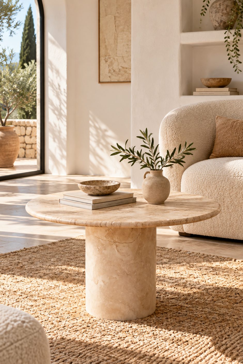 table basse ronde en travertin texturé façon méditerranéenne
