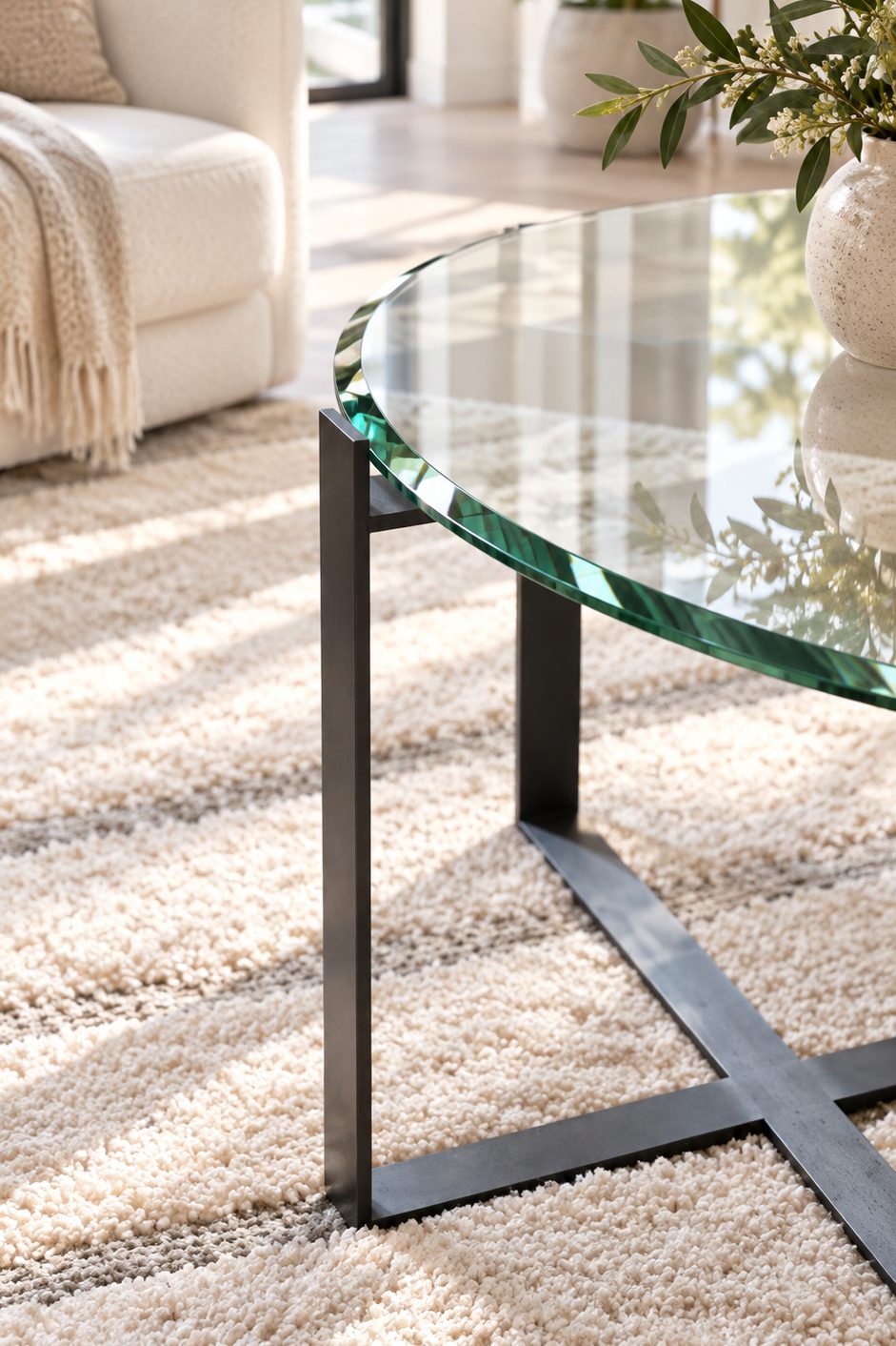 table basse en verre trempé biseauté sur piètement métal fin