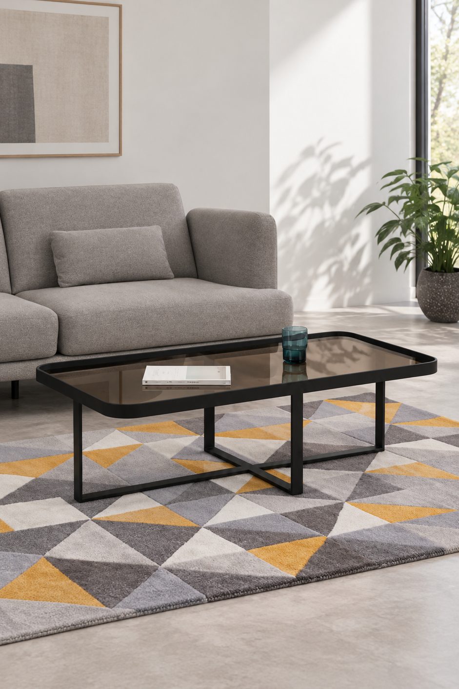 table basse rectangulaire au plateau en verre fumé