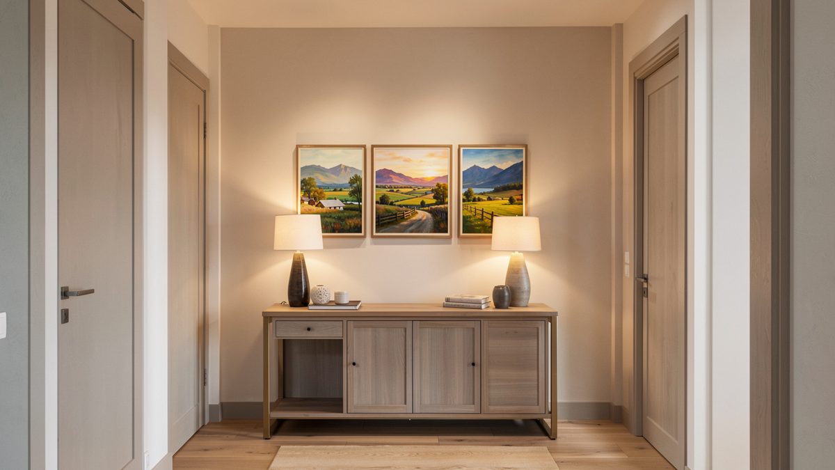 Trois tableaux paysage espacés régulièrement au-dessus d'une console dans une entrée