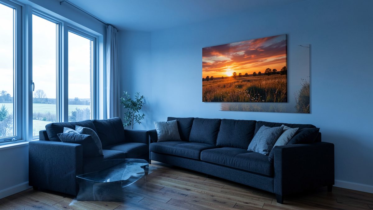 Salon orienté nord avec un tableau paysage aux tons chauds pour compenser la lumière froide