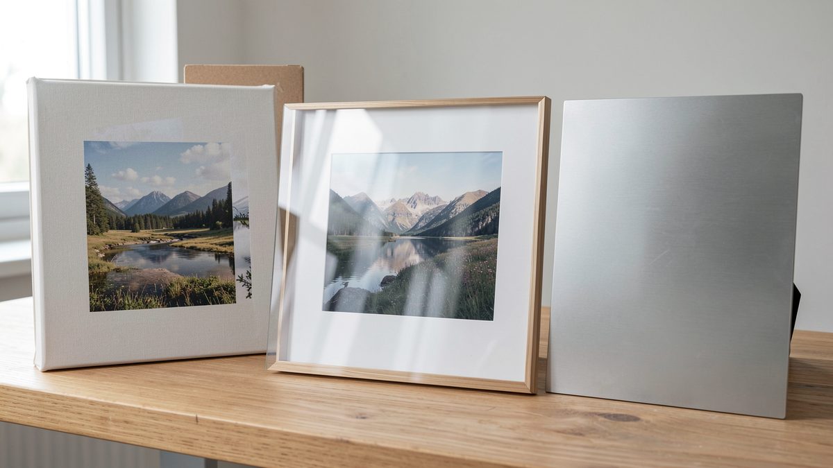 Comparatif visuel de trois supports pour un tableau paysage : toile mate, plexiglas brillant, aluminium