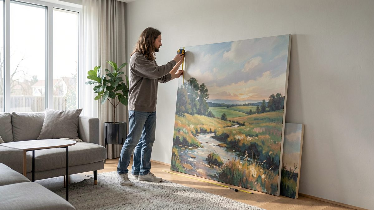 Mesure du mur au mètre avant d'accrocher un grand tableau paysage sur toile