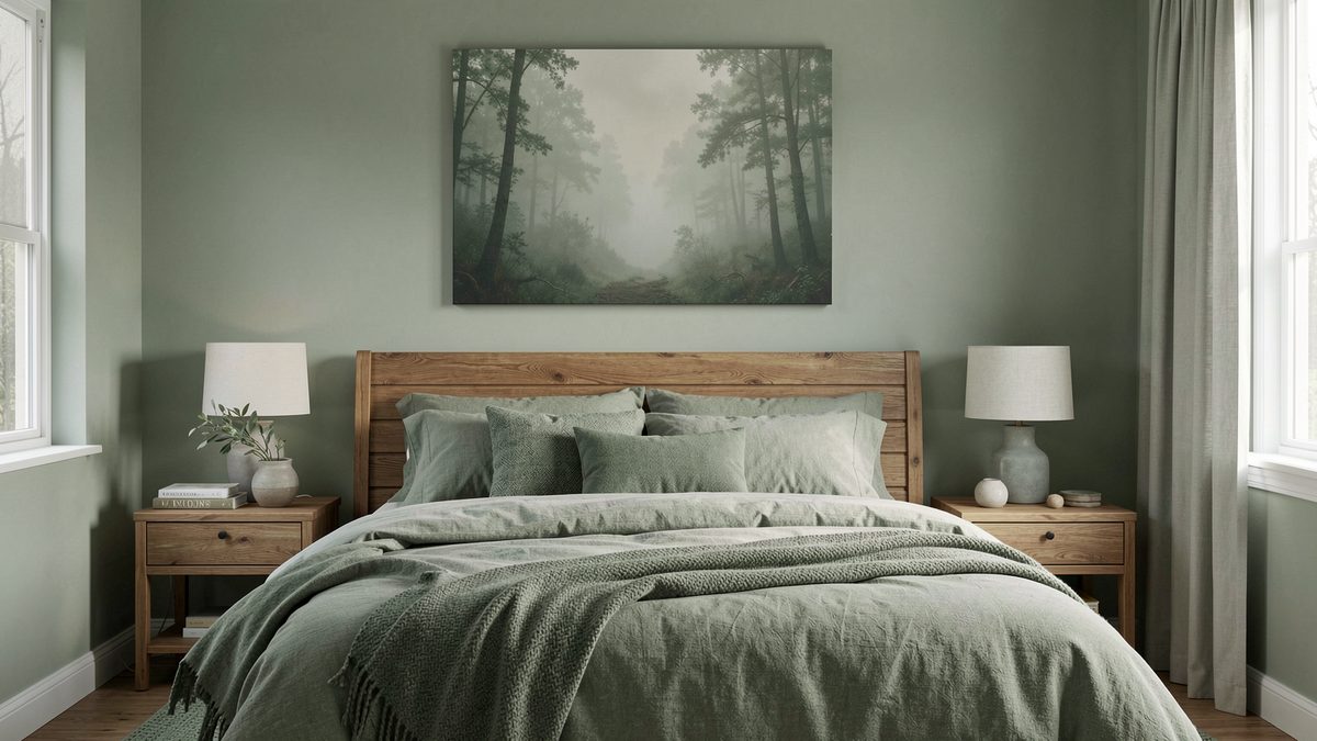 Tableau paysage de forêt embrumée aux tons verts accroché au-dessus d'un lit