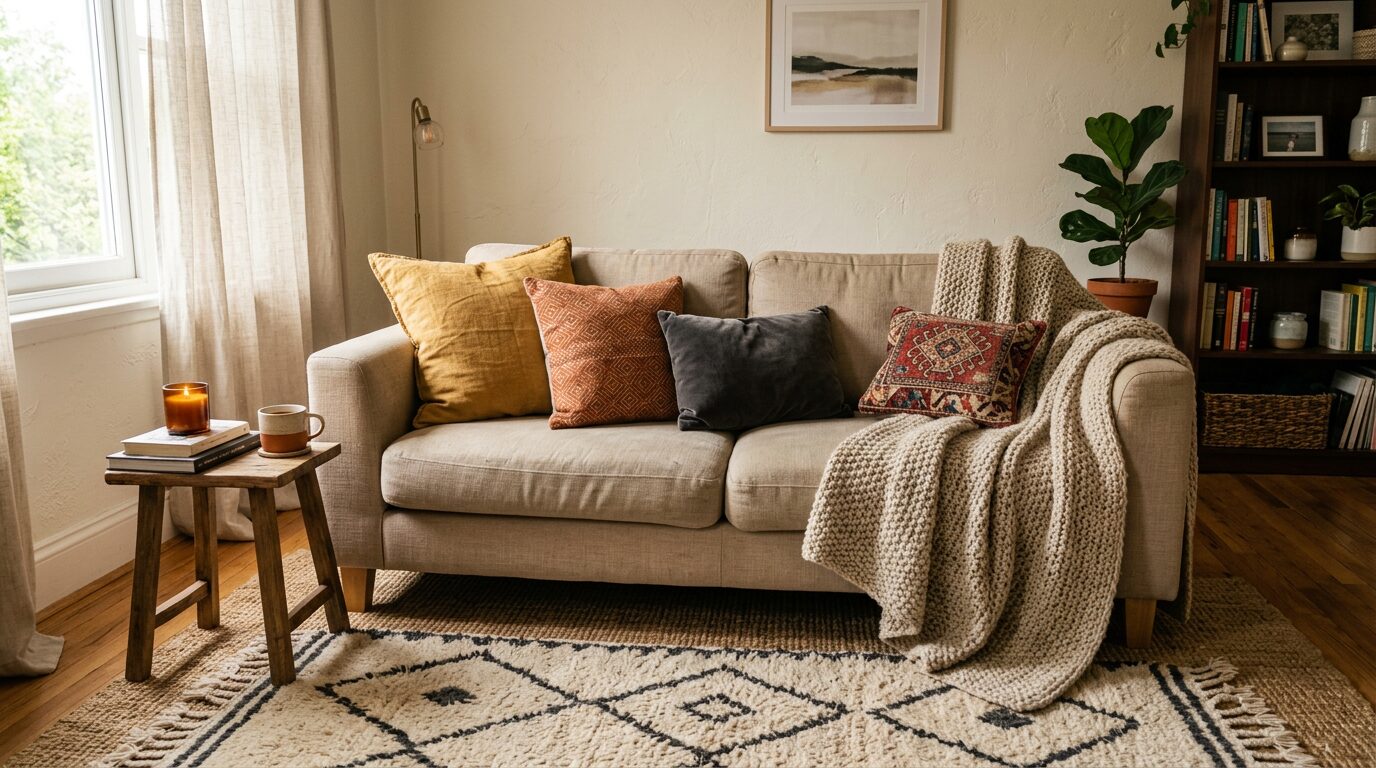 Réchauffer un salon avec des textiles superposés Plaid en laine et coussins superposés sur un canapé existant pour réchauffer un salon