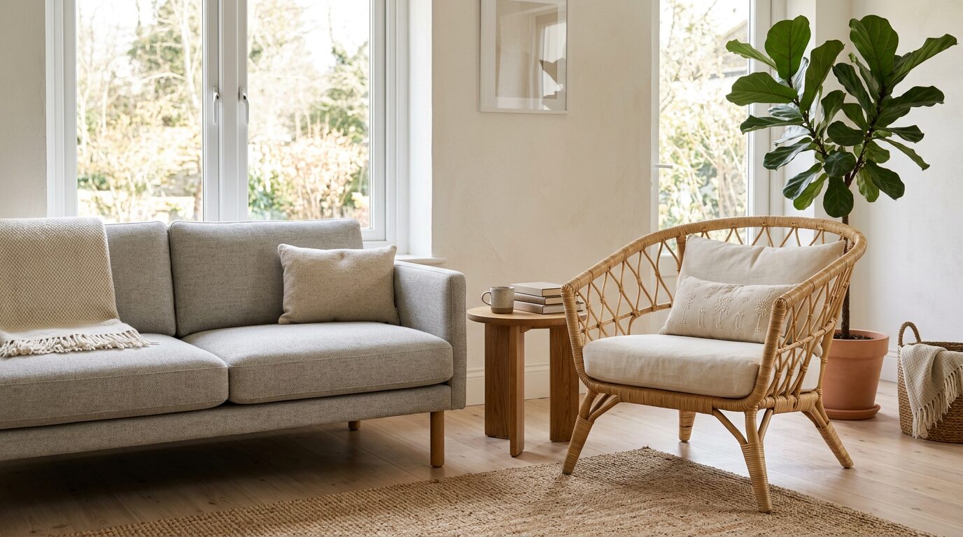 Codes scandinave et bohème réunis dans un salon Fauteuil rotin bohème à côté d'un canapé scandinave sobre dans un même salon