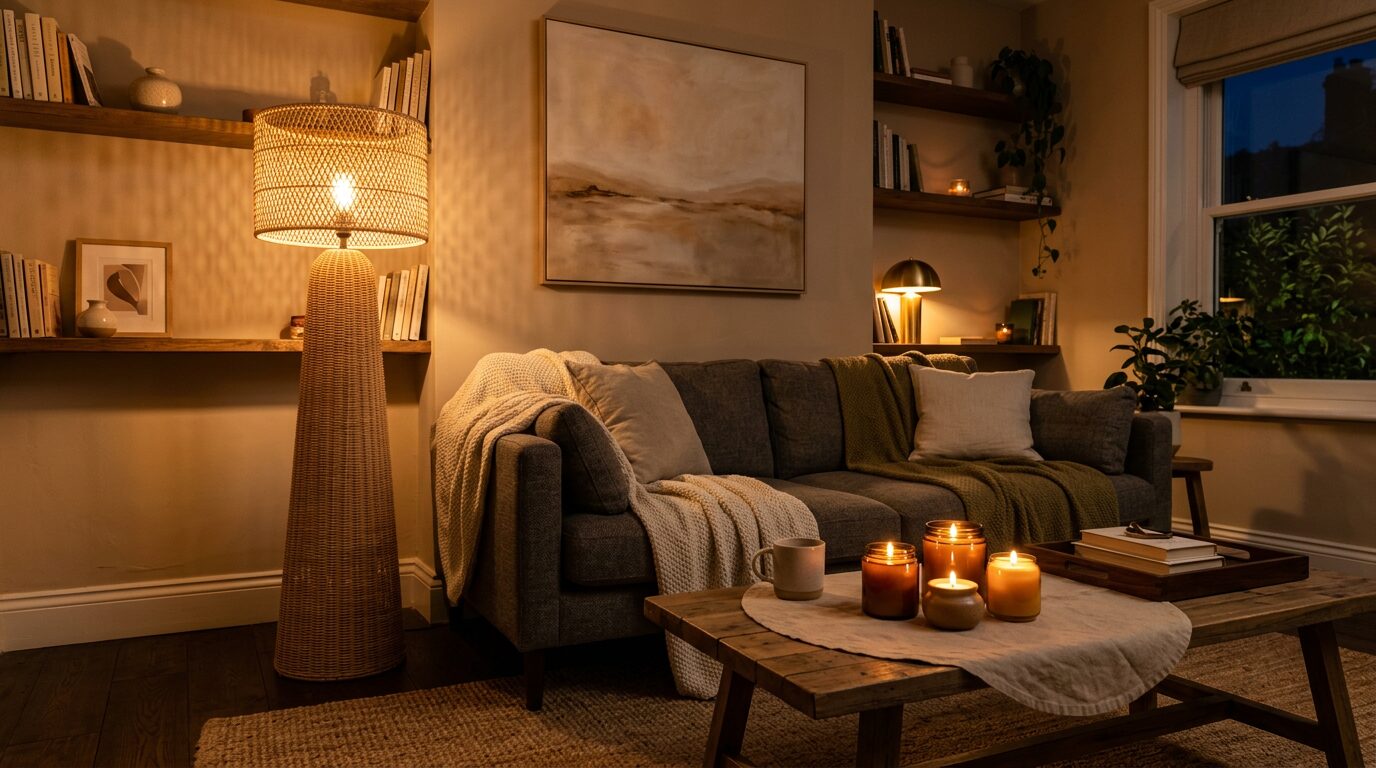 Éclairage chaleureux salon cocooning Lampadaire en rotin et bougies créant une lumière chaude dans un salon cocooning le soir