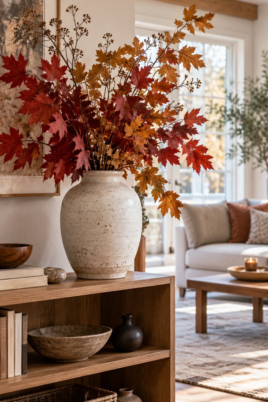 Grand vase de feuillages d'automne séchés posé sur une étagère