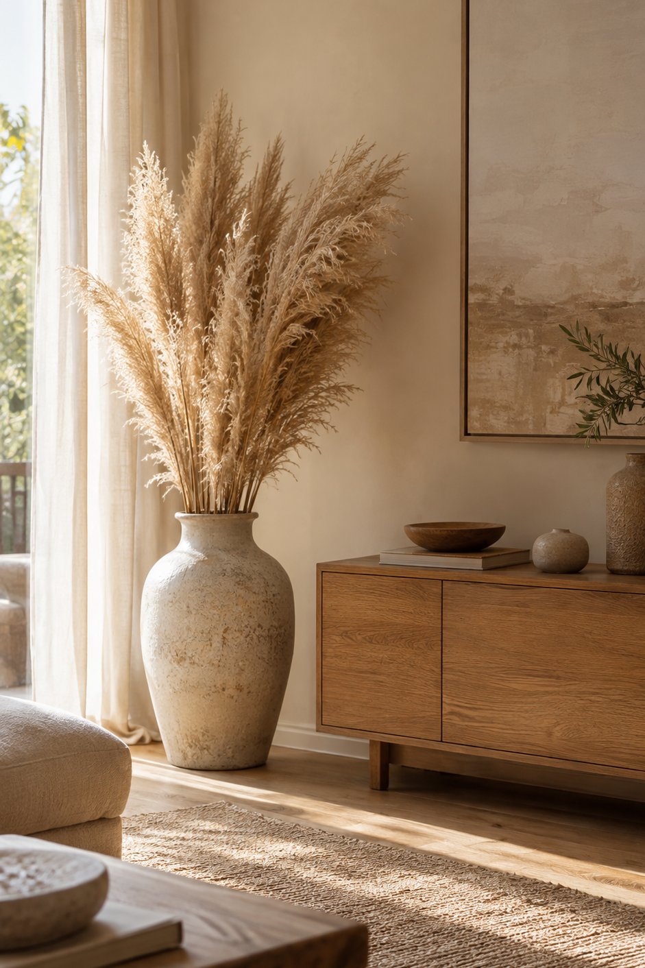 Grand vase de pampa beige posé au sol dans un salon