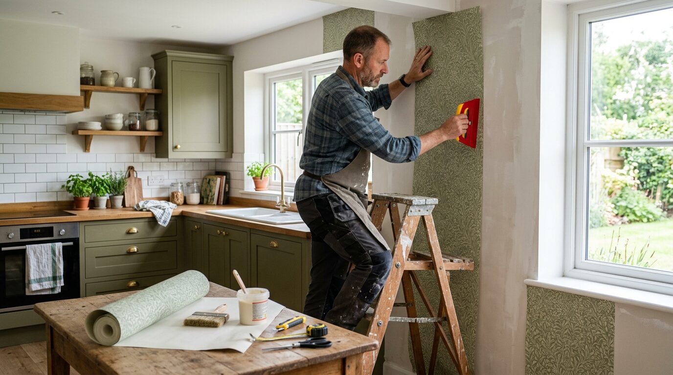 Artisan posant un papier peint dans une cuisine Poseur professionnel appliquant un lé de papier peint sur un mur de cuisine