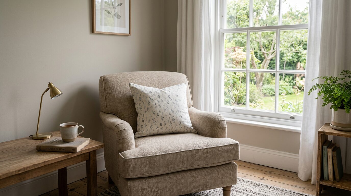 Coussin décoratif sur un fauteuil de lecture Fauteuil de lecture habillé d'un coussin décoratif en tissu léger près d'une fenêtre